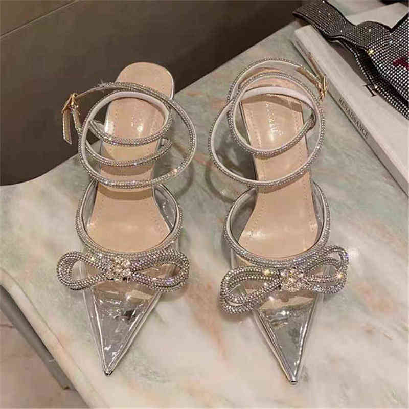 

2022 Women 9cm High Heels Sandals Lady Crystal Glitter Satin Silk Sandles Summer Wedding Bridal Designer Transparent Pink Shoes Y1209, White