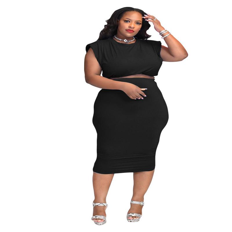

Plus Size Tracksuits 2 Piece Sets Women Summer Casual Clothing Sleeveless Pullover Crop Top Bodycon Knee Length Skirts Suit Fashion Outfits, Black