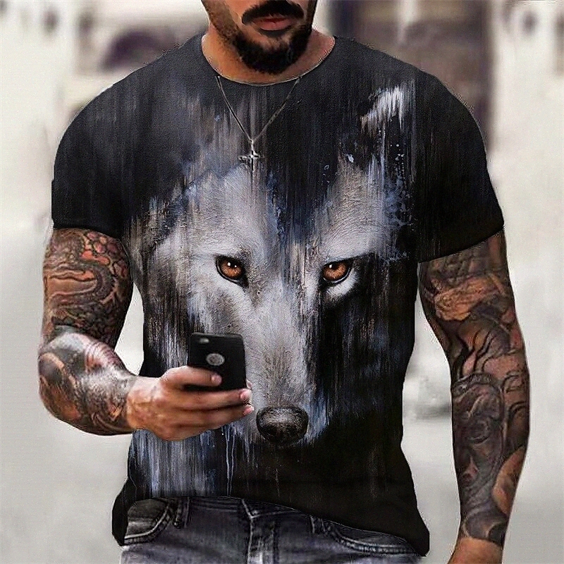 Men's T shirt 3D Print Graphic Wolf Crew Neck Daily Sports Print Short Sleeve Tops Casual Classic Designer Big and Tall Black a3Rd#