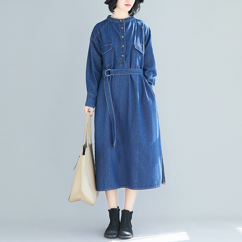 

Johnature Women Denim Bandage Dresses Blue Korean Style Spring Long Sleeve Vintage Patchwork Women Loose Casual Dresses 210521