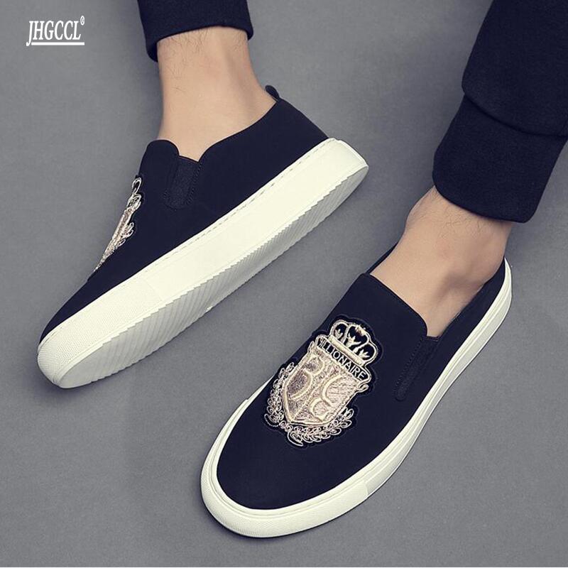 

Men's shoes spring and autumn a foot gold embroidery fashion casual shos new trend beanfisherman board shoe A15, Black