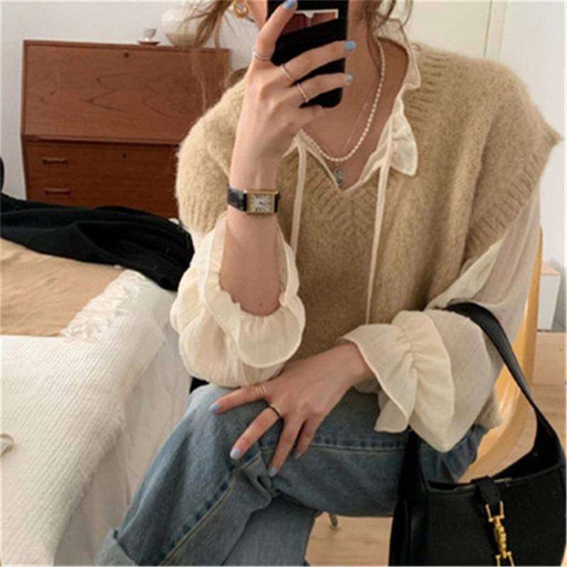 

Women's Blouses & Shirts Women Lace-up Flare Sleeve Loose Elegant Sweet Basic Solid Simple Wood-ear Korean Style Fashion Leisure Tops Female, White