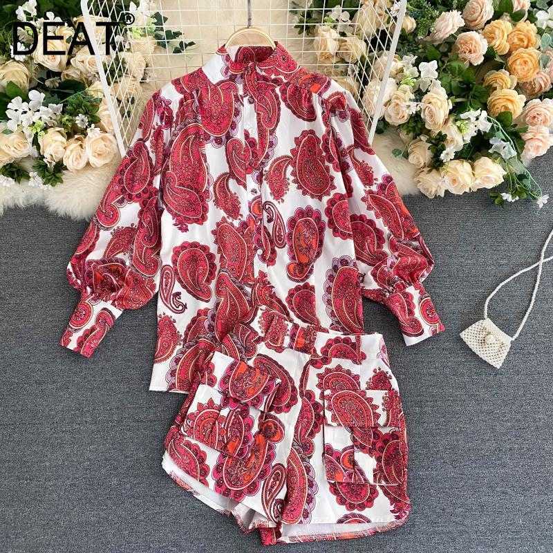 

DEAT Women Red Shorts Lantern Sleeve Turtleneck Two Piece Set Fashion Temperament Spring Summer 11D011 210709