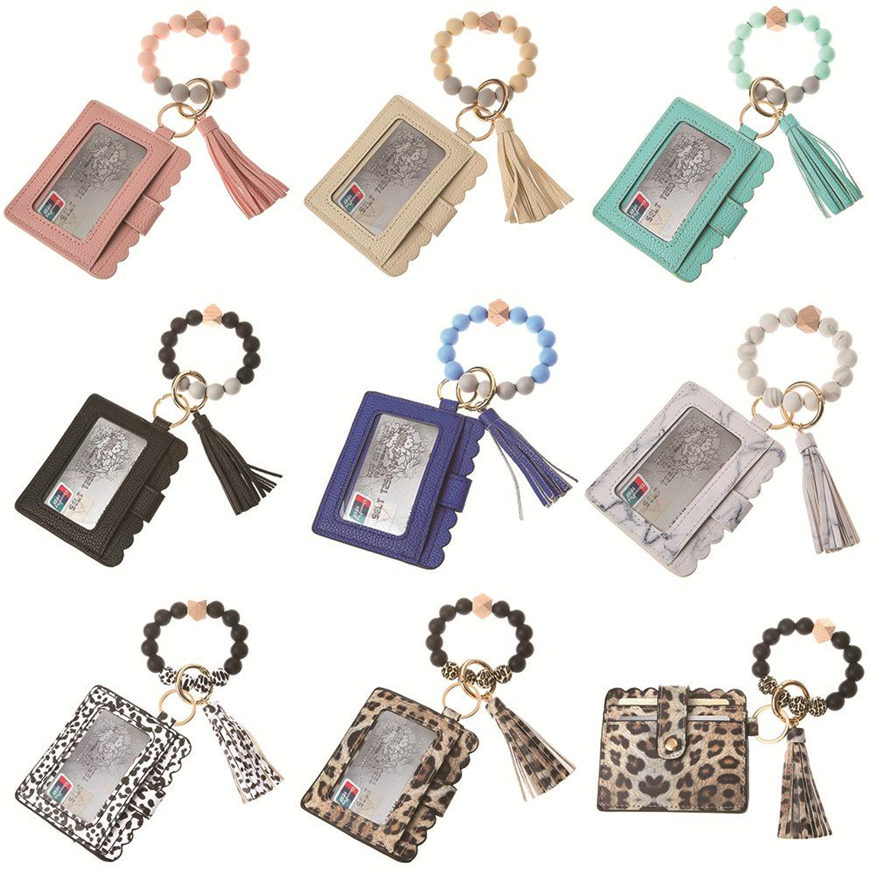 

US Stock Fashion PU Leather Bracelet Wallet Keychain Party Favor Tassels Bangle Key Ring Holder Card Bag Silicone Beaded Wristlet Keychains Handbag Women Jewelry