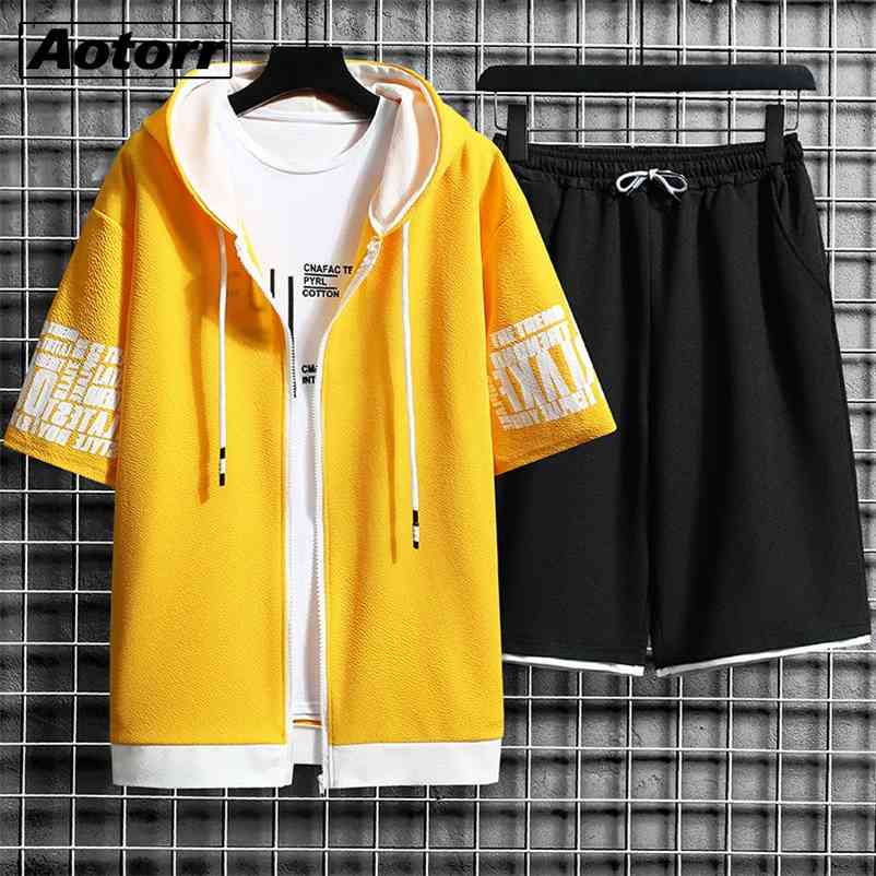 

Men's Sets Hooded Zipper Short Sleeve Tops+ Elastic Waist Trousers Men Clothing 2 Piece Set Korean Streetwear Jogging Tracksuit 210722, Jw602dark grey