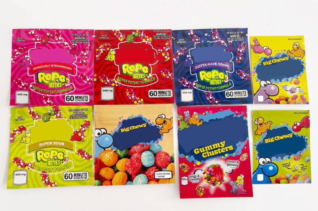 

Wholesale Square rope Bites Packing bags 4 types empty ca ndy Gummy bag package smell proof baggie 600mg edible gummies packaging mylar baggies
