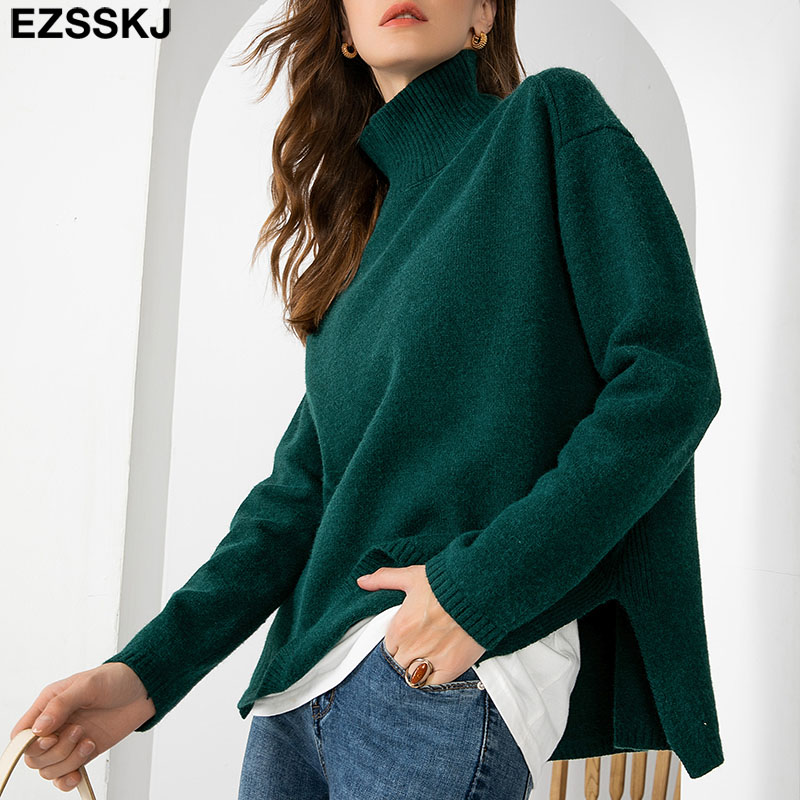 

autumn winter basic oversize thick sweater pullovers women 2021 loose cashmere turtleneck sweater pullover female long sleeve, Black