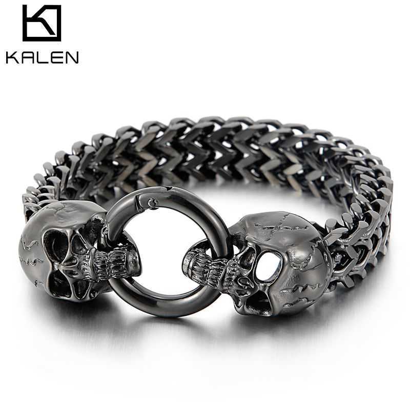 

11mm Punk Ghost Head Chain Bracelet Men Stainless Steel 316L Gold/Black/Silver Color Double Skull Charm Bracelets 210609