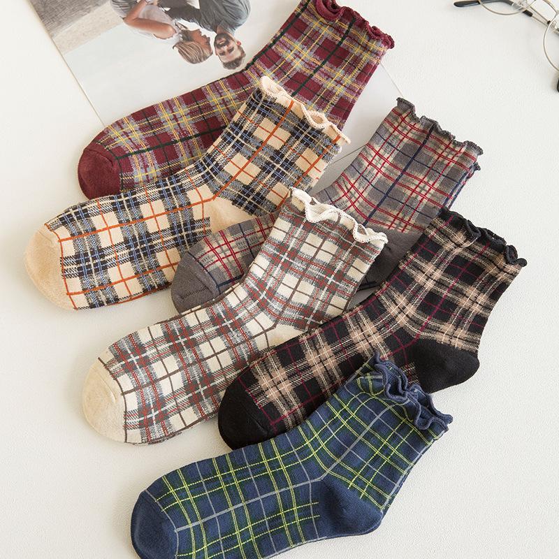 

Men's Socks 1 Pair And Women's Pure Cotton Side Cute Plaid Tide College Wind In Tube Fashion, Khaki