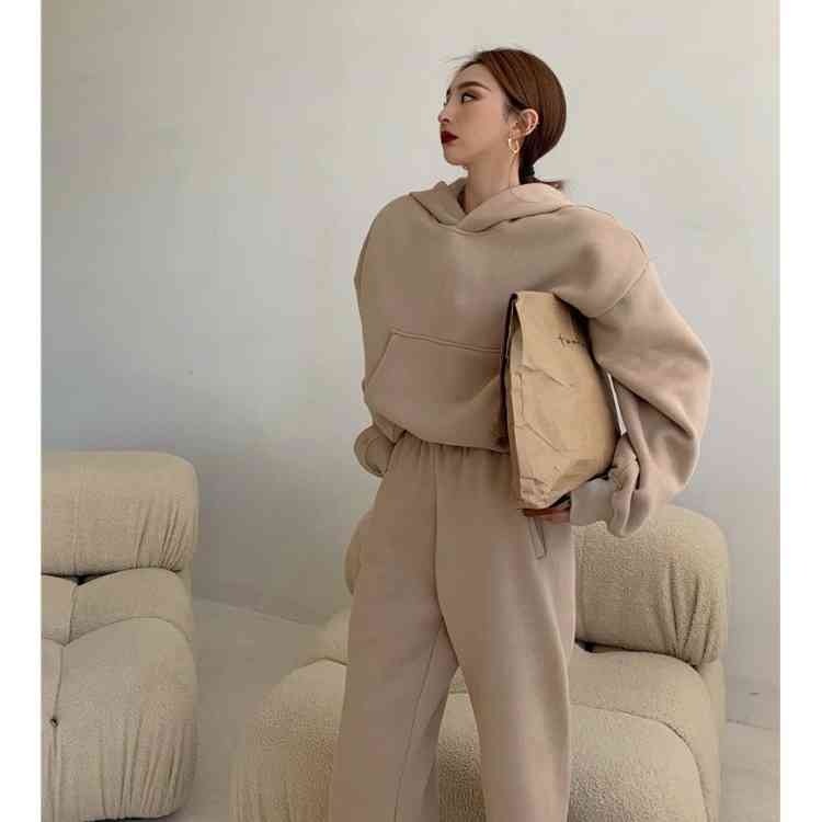 

autumn and winter new korean style loose hooded plush sweater sports leisure suit, Gray