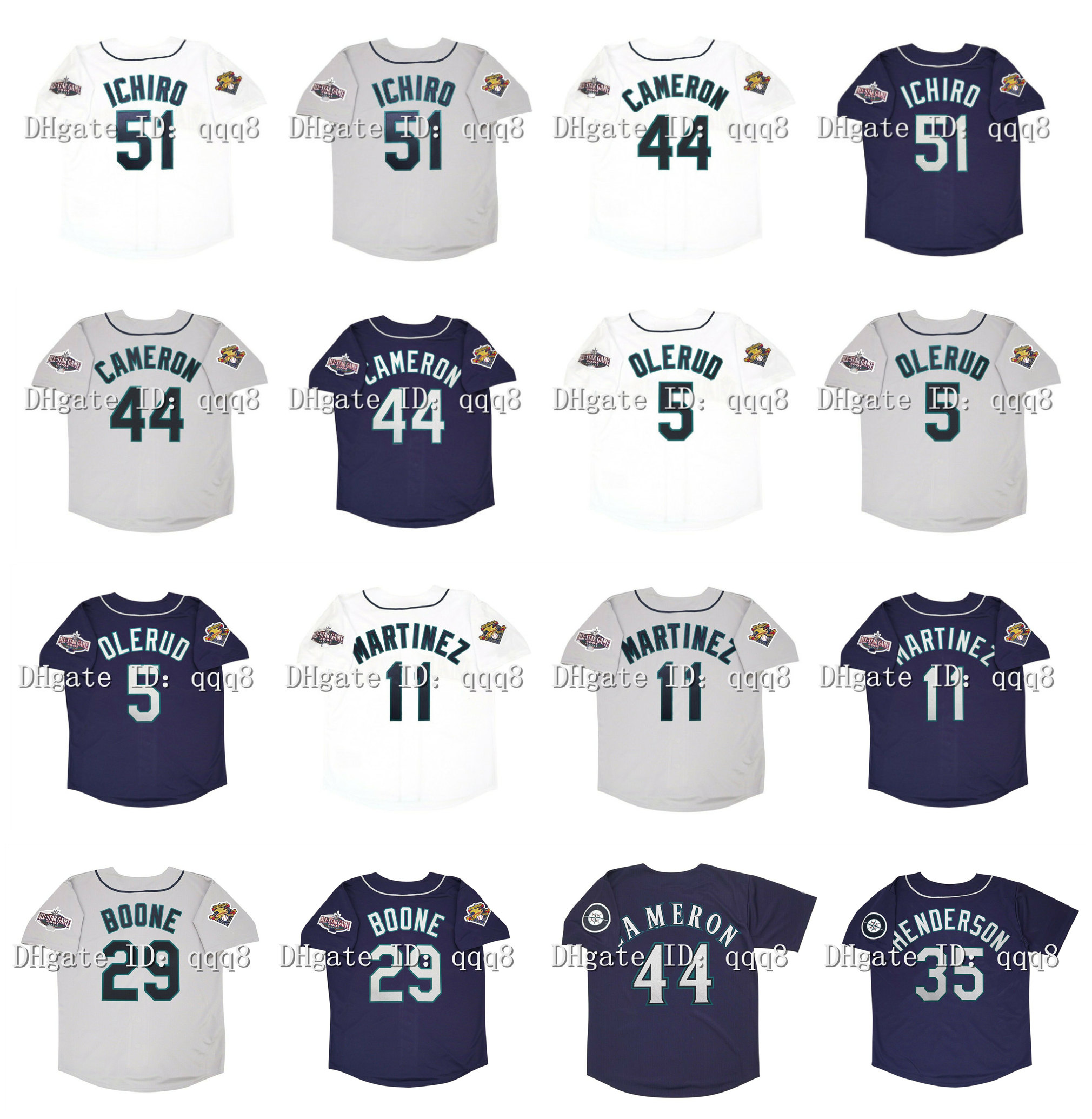 

2001 Retro Seattle 51 Ichiro Suzuki Jersey 44 Cameron 5 John Olerud 11 Edgar Martinez 29 Bret Boone Rickey Henderson Vintage Baseball Blue Grey, As pic