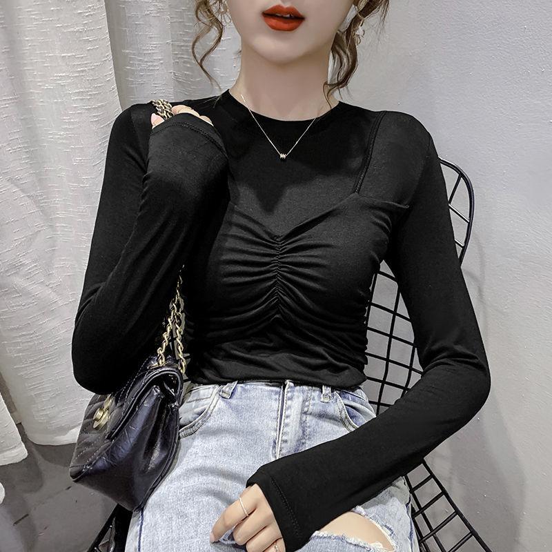 

Women' T-Shirt Elegant O-Neck Elastic Bustier Tops Women Fashion Slim Sexy Full Sleeve T Shirt Ladies Chic Big Size Tee Casual Spring Base, Purple