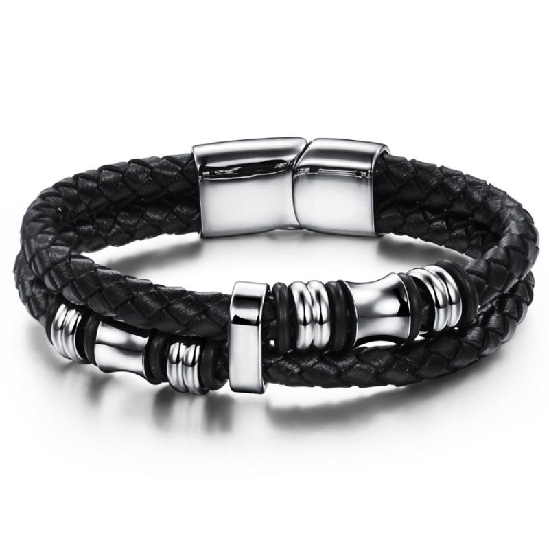 

Link, Chain 3 Size Choose Handmade Leather Bracelet Men Jewelry Mens Bracelets Charms Stainless Steel Magnetic Clasp Vintage Jewellery, Black