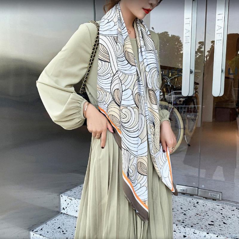 

Scarves LESIDA Sea Wave OVERSIZED SCARF Twill Silk Women Square Echarpes Foulards Femme Wrap Bandanas 130*130cm, Blue;gray