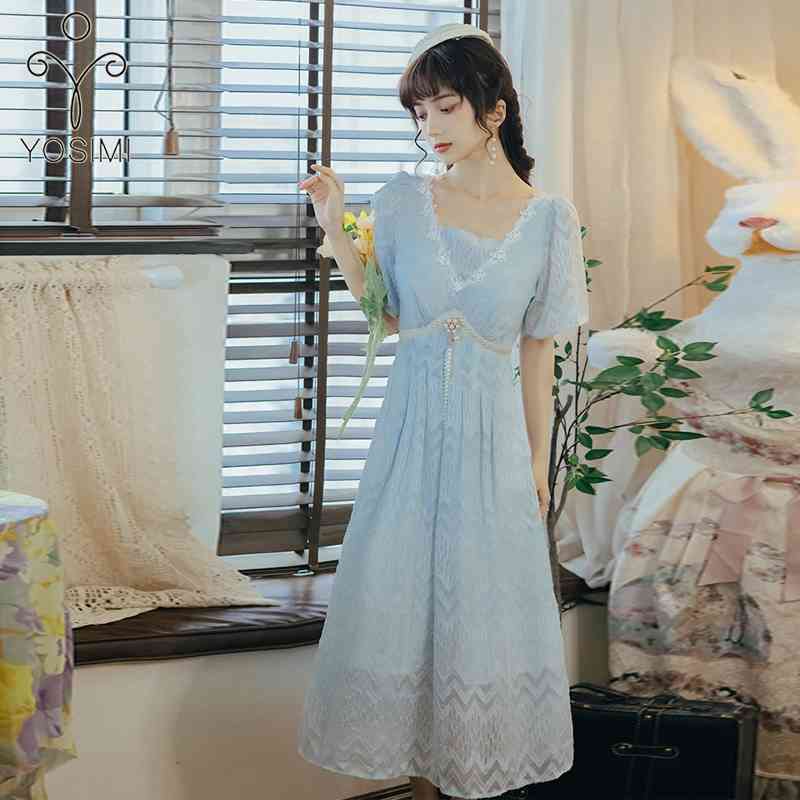 

YOSIMI Dress for Women Summer Blue Lace Strapless V-neck Mid-calf Fit and Flare Short Sleeve Evening Party Ladies 210604, Sky blue