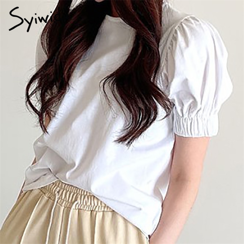 

Casual T-shirts Women Puff Sleeve Short Tops O-Neck White Clothes Summer Cotton Korean Fashion Shirts 210607