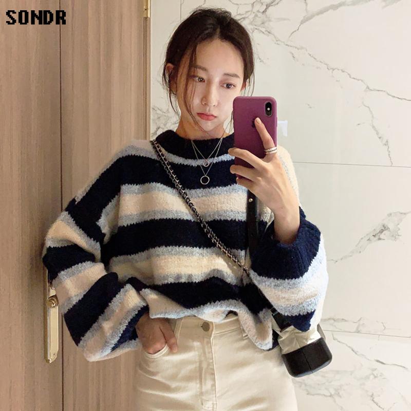 

Women's Sweaters Korean Woman Sweater 2021 Winter Western Style Round Neck Pullover Hit Color Striped Mohair Long-Sleeved Warm Women Tops, Tupianse