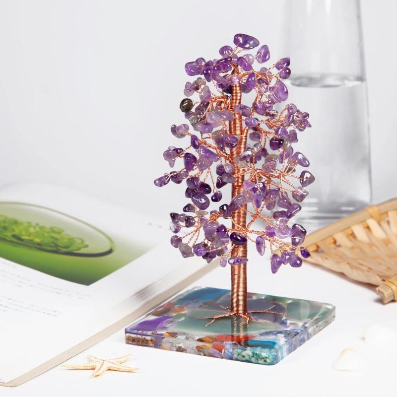 

Jewelry Pouches, Bags Natural Amethyst Rose Quartz Luck Money Tree With Agate Slices Resin Base Reiki Chip Minerals Room Decor Home Ornament, Pink;blue