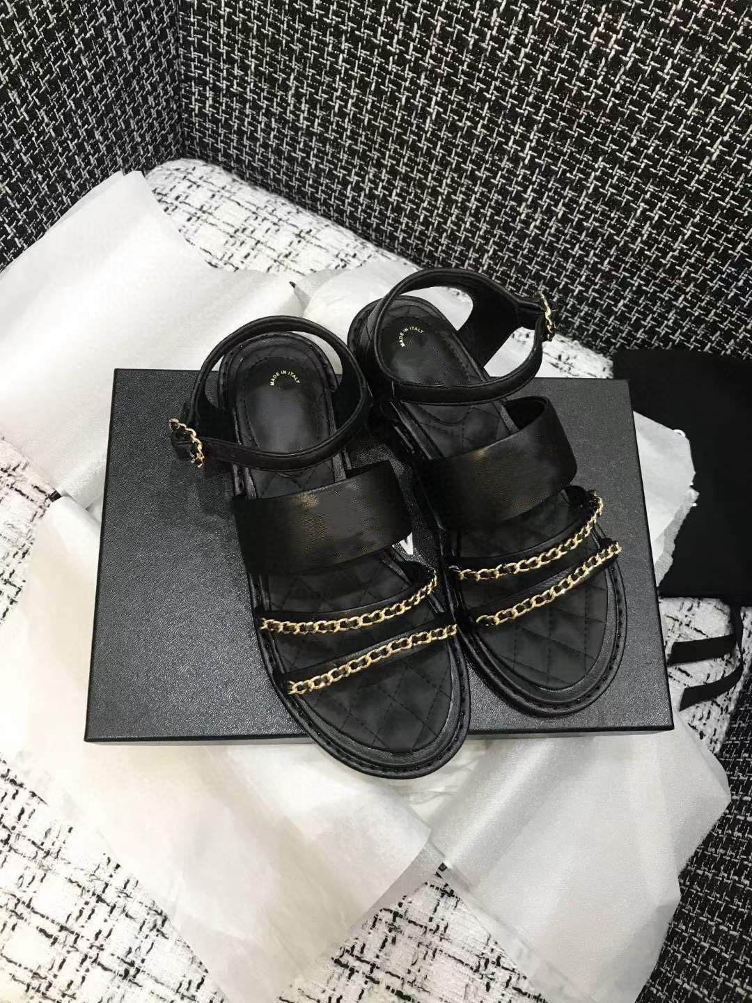 

21 spring and summer new women's luxury design slippers pure copper metal chain simple thin handmade sandals size 35-40, Black