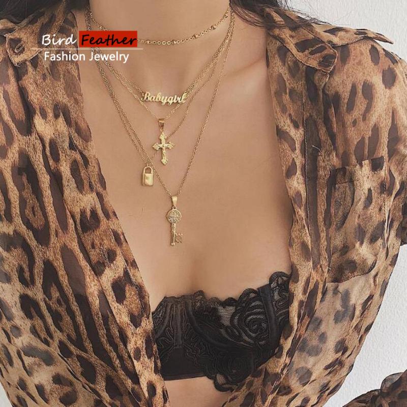 

Gold Color Choker Necklace For Women 5 Layers Key Cross Pendant Chain Necklaces & Pendants Lace Velvet Chokers Fashion Jewelry