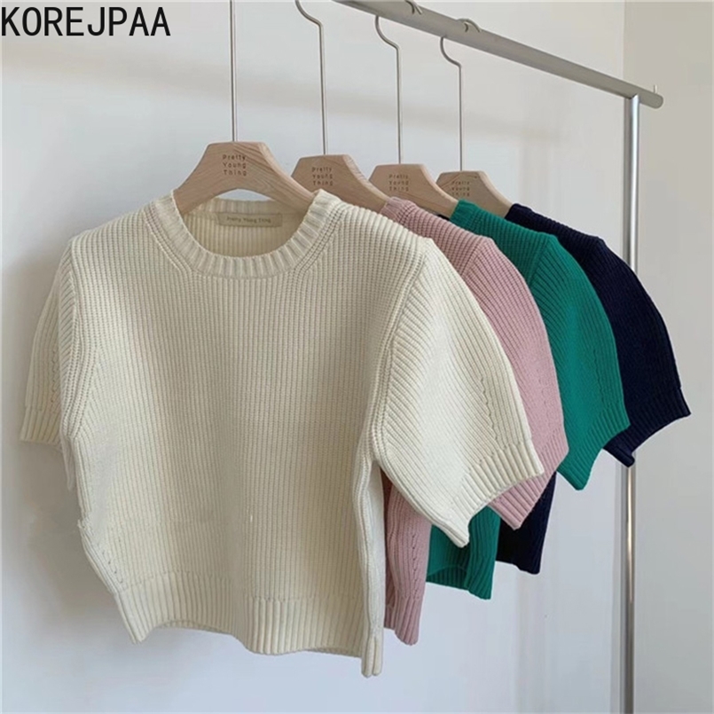 

Korejpaa Women T-Shirt Summer Korean Chic All-Match Round Neck Casual Simple Slim-Fit Bubble Short-Sleeved Knitted Pullover 210708, White