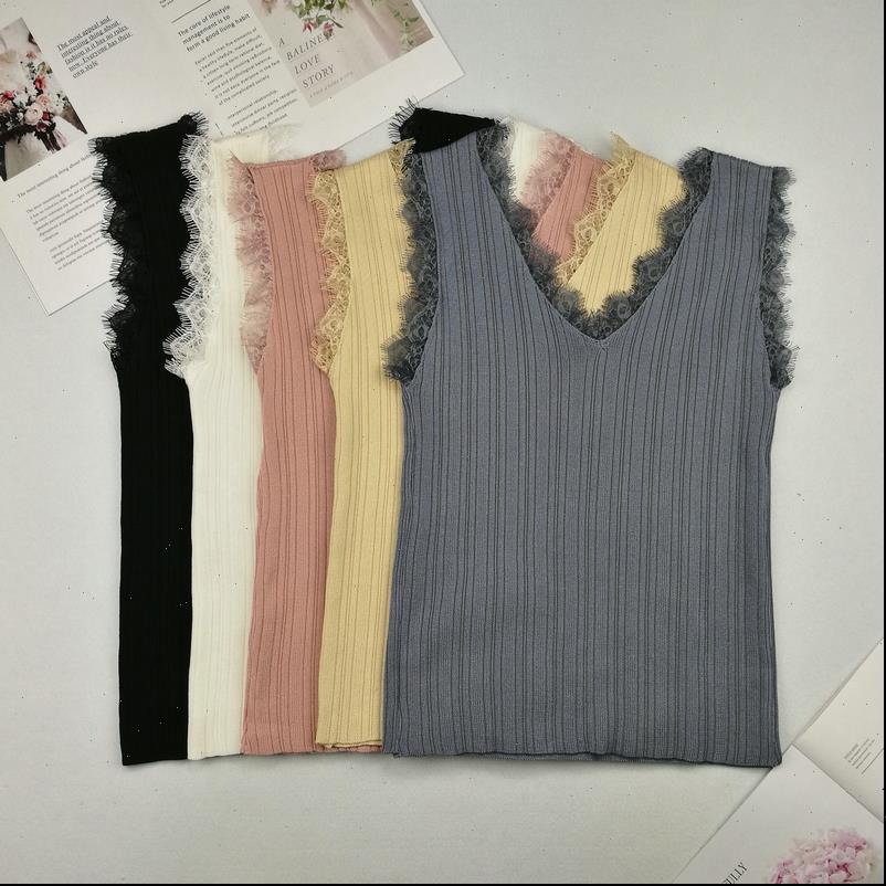 

Slim Women Camis Vest Knitting Solid Tops Sleeveless Tee shirts Girls Knitwear Patch Lace V neck, White
