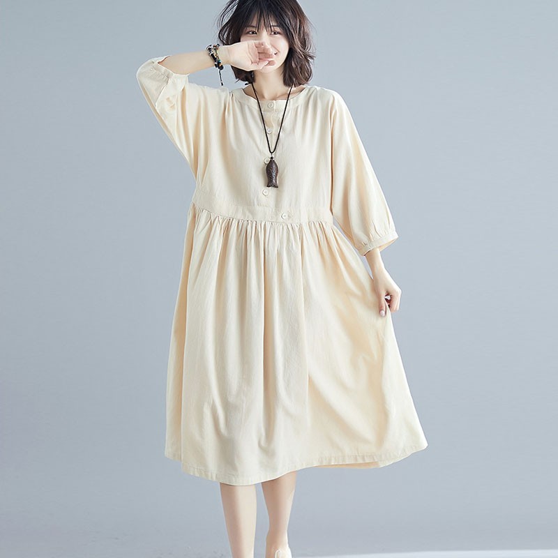 

Johnature Summer Korean Solid Color Patchwork Button O-neck Half Sleeve Dress Loose Comfortable Women Plus Size Dresses 210521, Beige