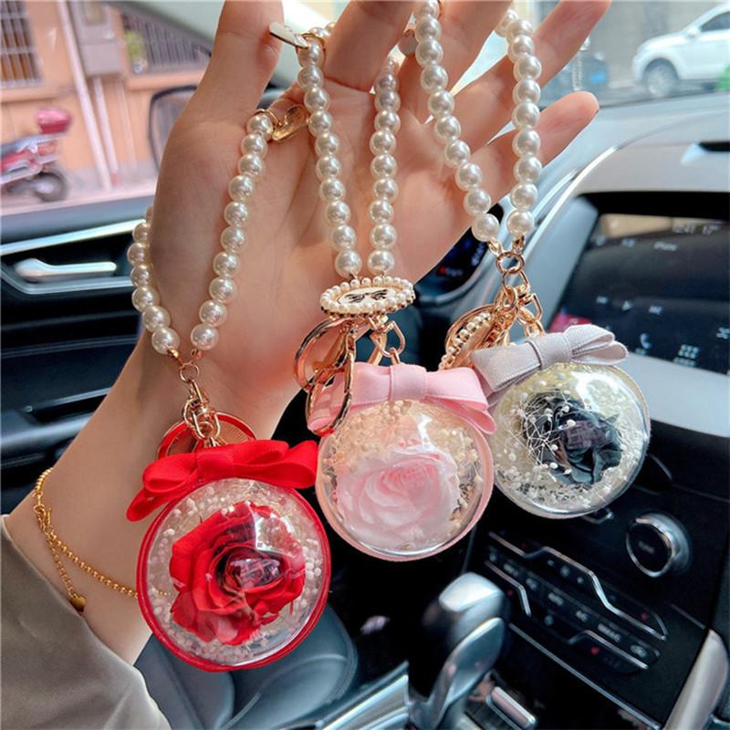 

Keychains Creative Rose Eternal Flower Keychain Pearl String Love Fashion Bag Pendant Car Key Chain, Silver