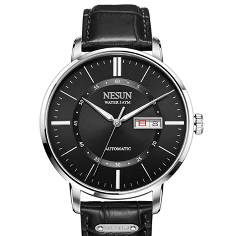 

Wristwatches NESUN Men's Watch Automatic Mechanical Waterproof Business Fashion Sapphire Leather Watches Relogio Masculino, Black