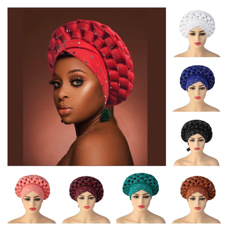 

Beanie/Skull Caps African Auto Gele Aso Oke Headties Muslim Turban Nigerian Wedding Headwear Ready To Wear Autogele Head Wraps, Type 2