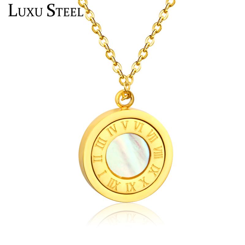 

Pendant Necklaces LUXUSTEEL BabyGirl Stainless Steel Gold Round Shell Rouman Numberal Necklace Female Party Wholesale Gift
