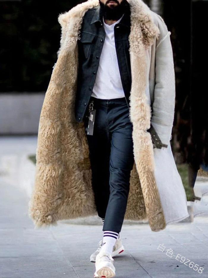 

Men' Trench Coats Men Coat Pocket Long Thick Furry Lapel Frosted Velvet Warm Solid Color Single-breasted Street Hipster Autumn And Winter J, Brown