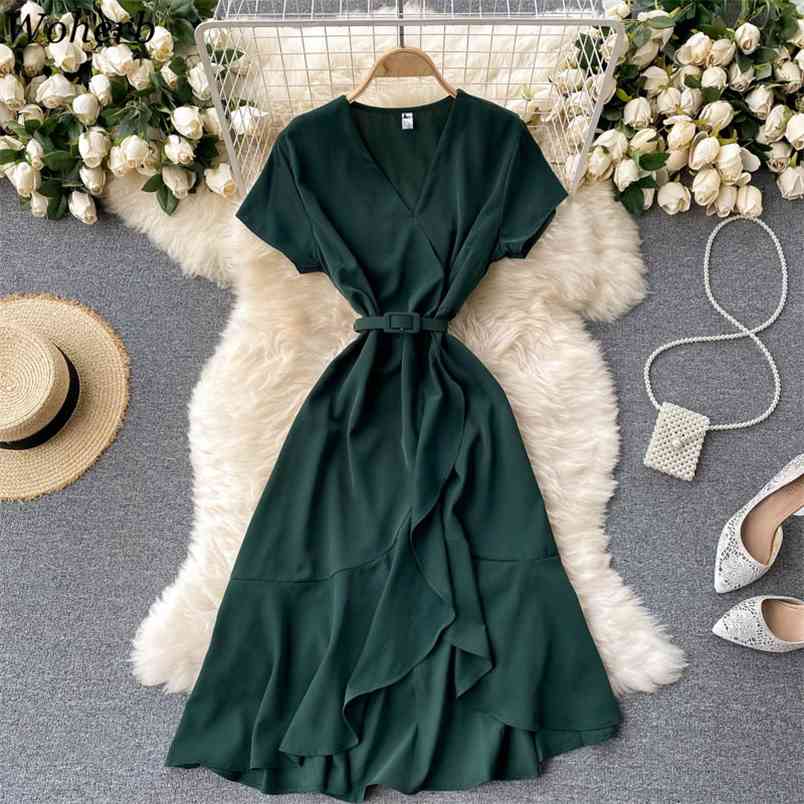 

Dress Women Summer Temperament V-neck Slim Vestidos Irregular Ruffle Elegant Robe Beach Holiday Dresses with Belt 210519, Royal blue