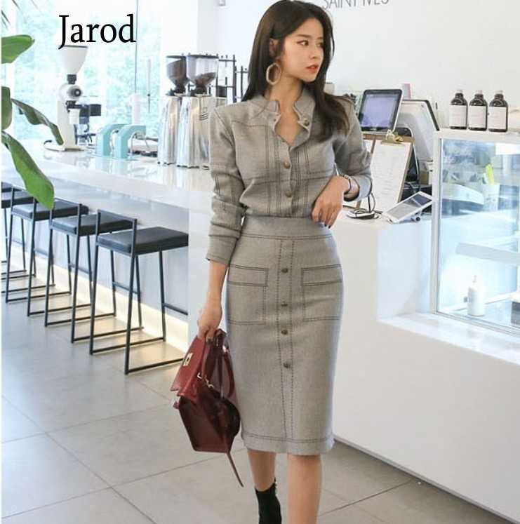 

Autumn Women Elegant 2 Piece Set Office OL Single Breasted Knitting sweater Coats+pencil Midi Skirts Suits For women 210526, Picture color