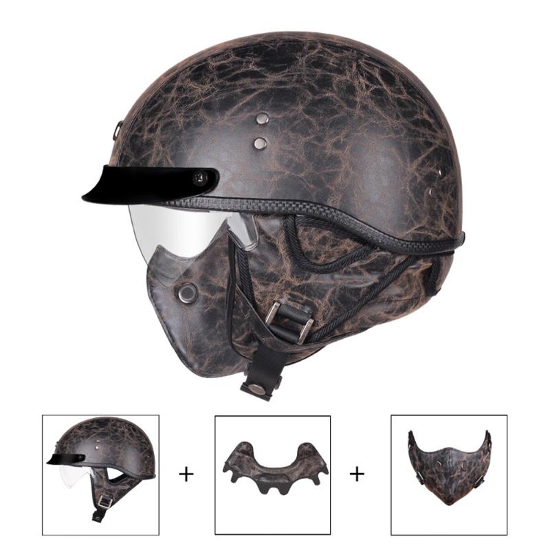 

Motorcycle Helmets Open Face With Leather Helmet Motorbike German Style Half Cruiser Scooter Retro Chopper PU Drop-down Lens, 14