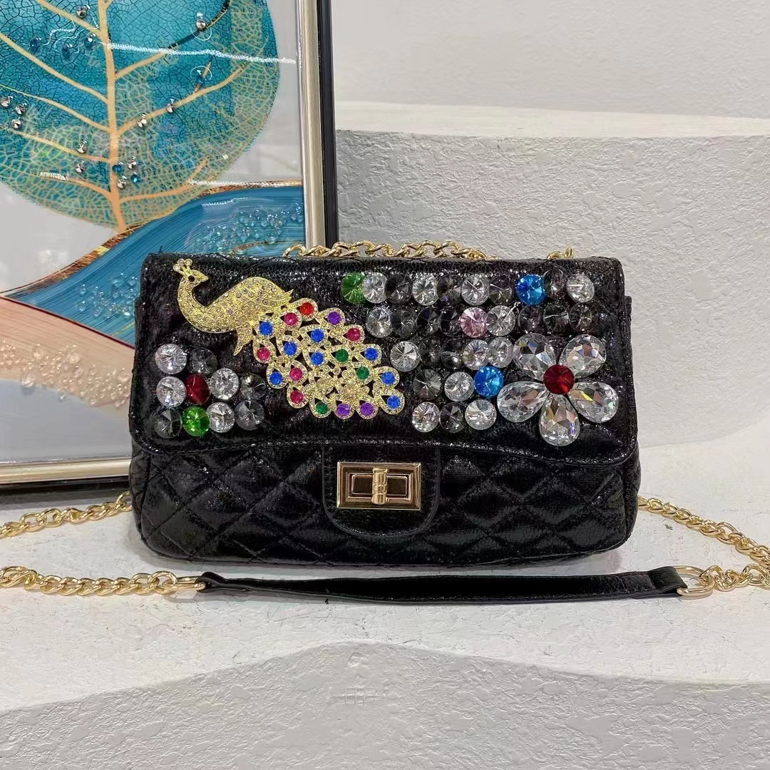 

Wholesale factory ladies shoulder bags thicken soft and comfortable leather handbag European fashion Peacock diamond chain bag sweet rhinestone handbags, Brown 025