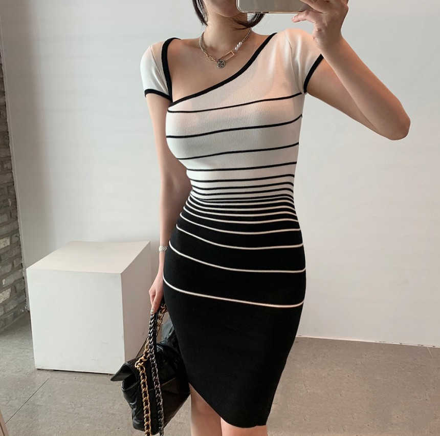 

Irregular Collar Striped Short Sleeve Dresses Summer Sexy Knit Thin Elegant Bodycon Party Pencil Dress For Woman 210526, Photo color