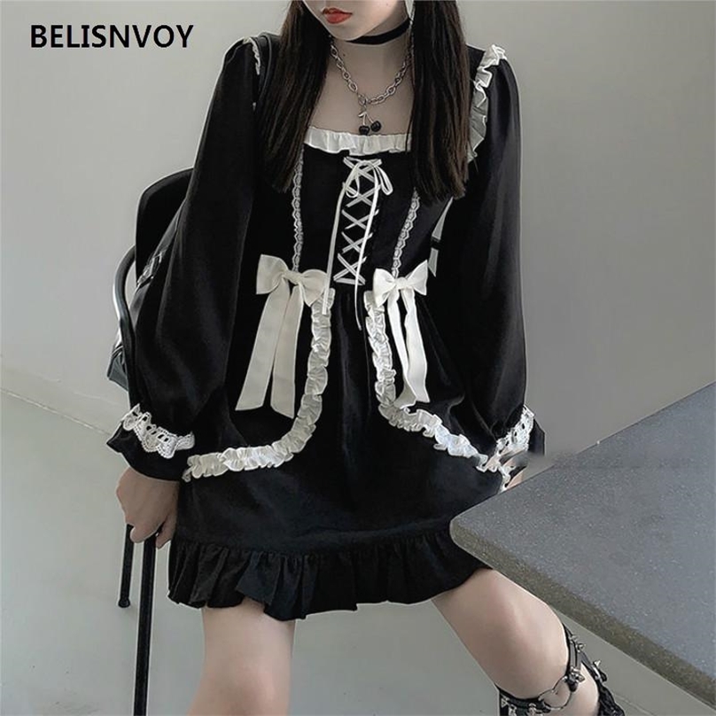

Japanese Gothic Girls Lolita Dress Vintage Cosplay Bow Lace-up Ruffles Princess Mini Kawaii Punk Clothes es For Women 210520, Black