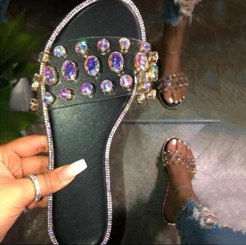 

Flat Non-slip Durable Beach Slippers Home Leisure Flip Flop Fashion Summer Women's Sandals Colored Gemstones Beaded, Black