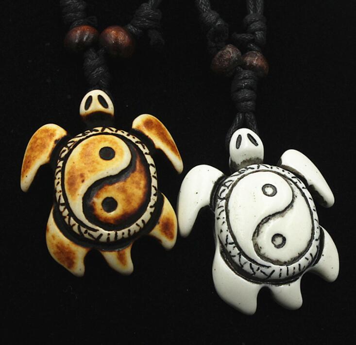 

Fashion men Yak Bone Powder Carved Yin Yang eight trigrams Turtles Pendant Charm Necklace Wood Beads Adjustable Rope