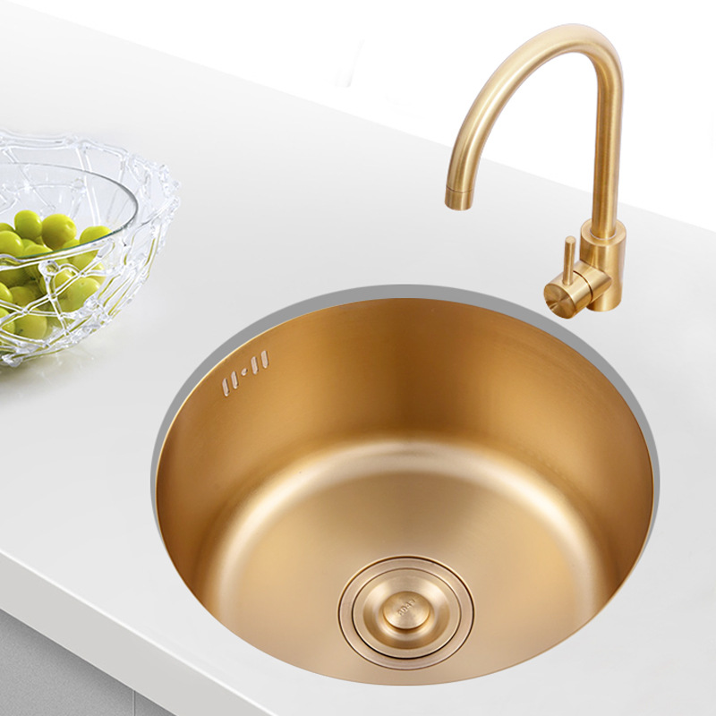 

Gold 304 Stainless Steel Kitchen Sink Undercounter Mini Small Round Sink 42cm Embedded Single Slot Kitchen Bowl Set Steel