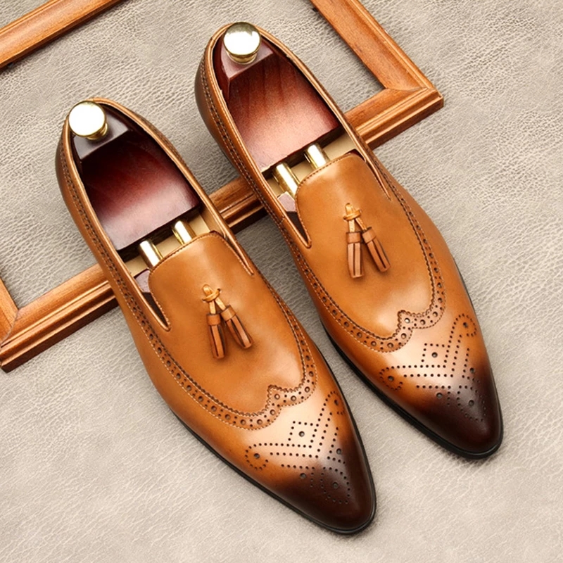 

Tassel Casual Men Oxford Dress Shoes Genuine Leather Suit Slip On Business Wedding Pointed Toe Formal Italian Dress Shoe Lofers