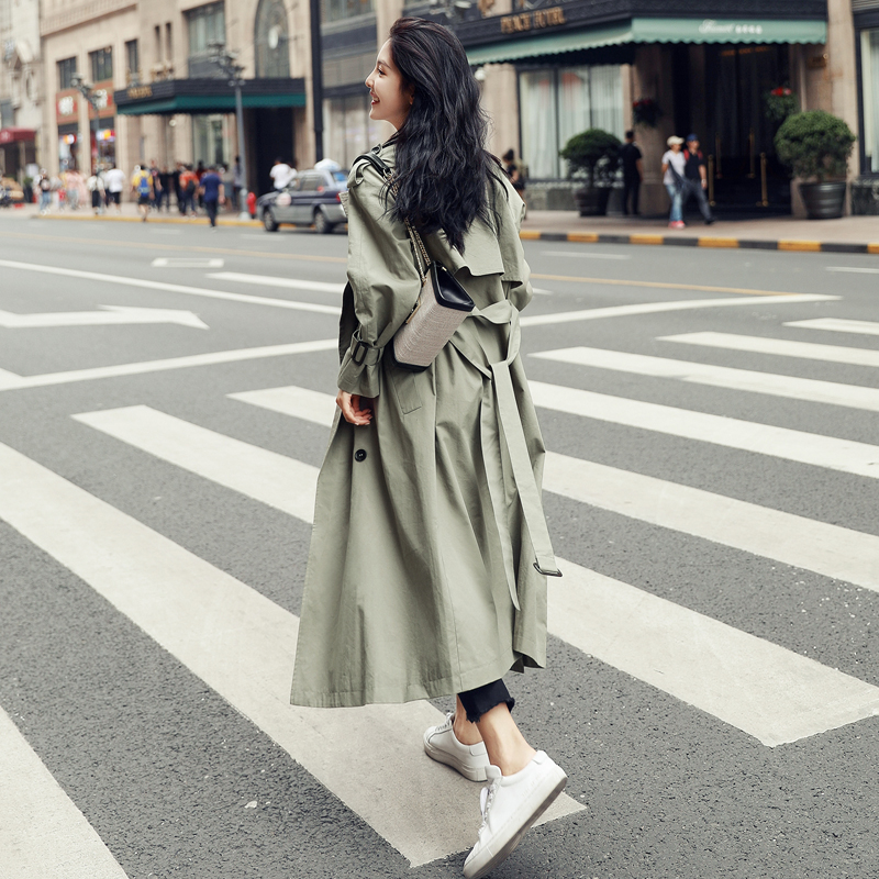 

British England Style Double-Breasted Long Women Trench Coat Belted with Flaps Spring Autumn Lady Windbreaker Duster Coat Female, Army green