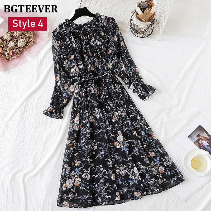 

2021bgteever spring stand collar floral print women dress lace up female pleated dress summer party midi chiffon vestidos femme 2021, Black;gray