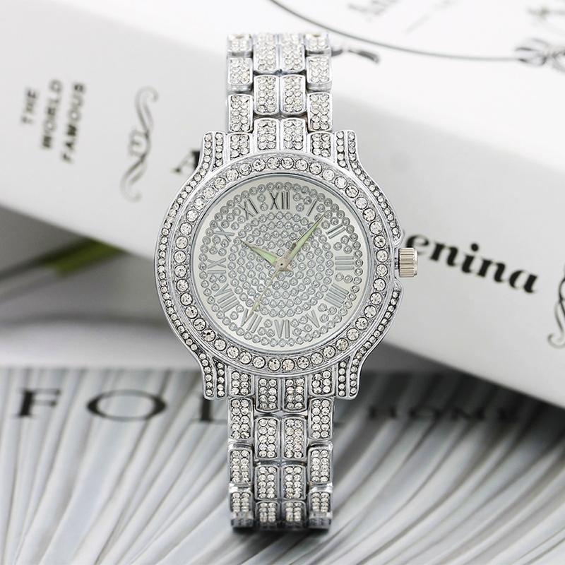 

Full Diamond Ladies Watches Luxury Shiny Stainless Steel Bracelet Wrist For Women Roman Numerals Quartz Clock Female Wristwatches, Gold