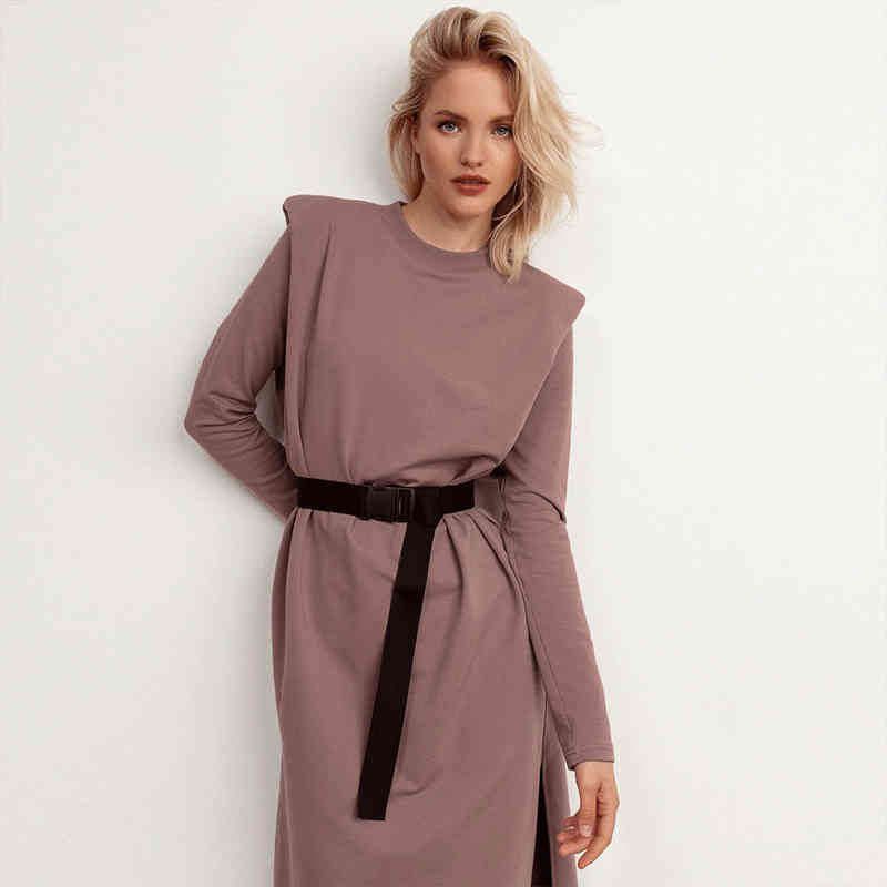 

Paris Girl Autumn Women' Dress Shoulder Pad Long-Sleeve Female Pure Color Temperament Straight Knited Long Dresses 210524, Pink