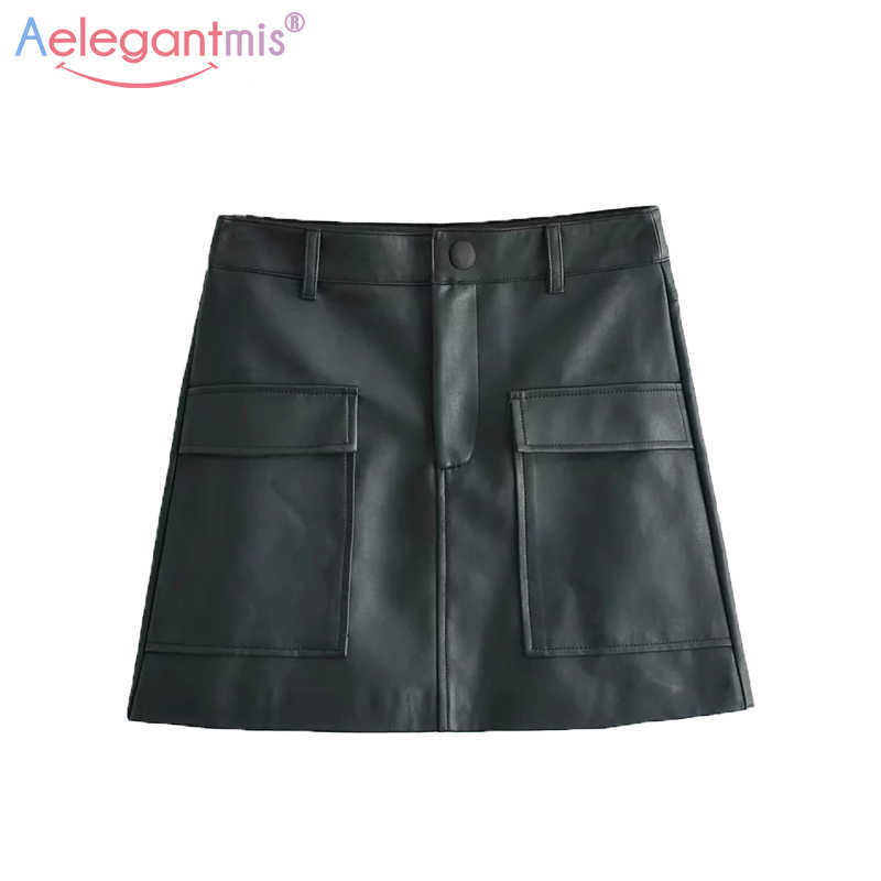 

Aelegantmis Summer Women Elegant Black High Waist Pu Leather Skirt Streetwear Short A-line Female Casual Mini s 210607