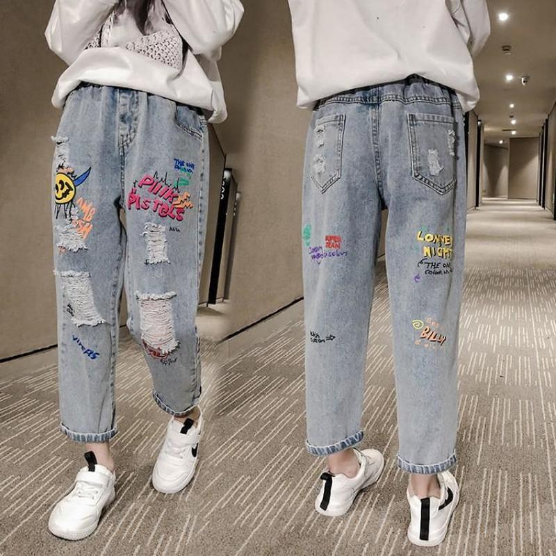 

Girls Jeans Fashion Cartoon Letter Printing Toddler Ripped Spring Autumn Little Girl Trousers, Blue