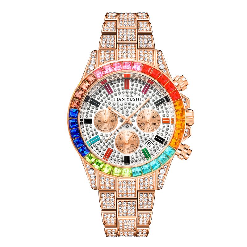

Wristwatches 2021 TIAN YUSHI Colorful Rhinestone Watch Women Men Luxury Full Stones Stainless Steel 3 Eyes Multifunctional Timing, Gold
