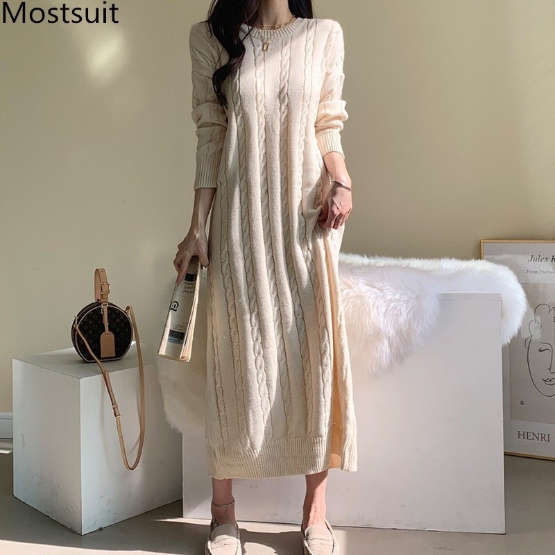 

Korean Twisted Knitted Sweater Long Dress Women Winter Full Sleeve O-neck Dresses Elegant Vintage Ladies Vestidos Femme 210518, Apricot